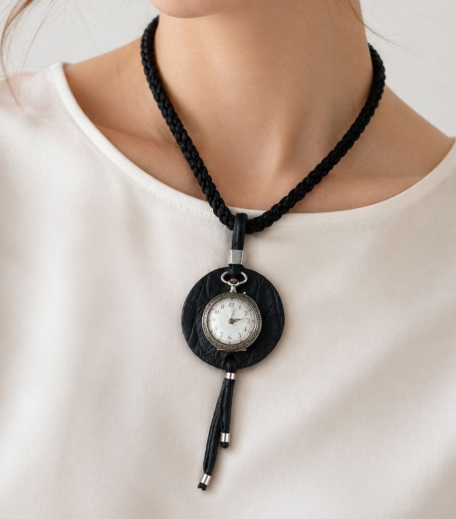 Unusual romantic necklace with antique European sterling silver lady's pocket watch