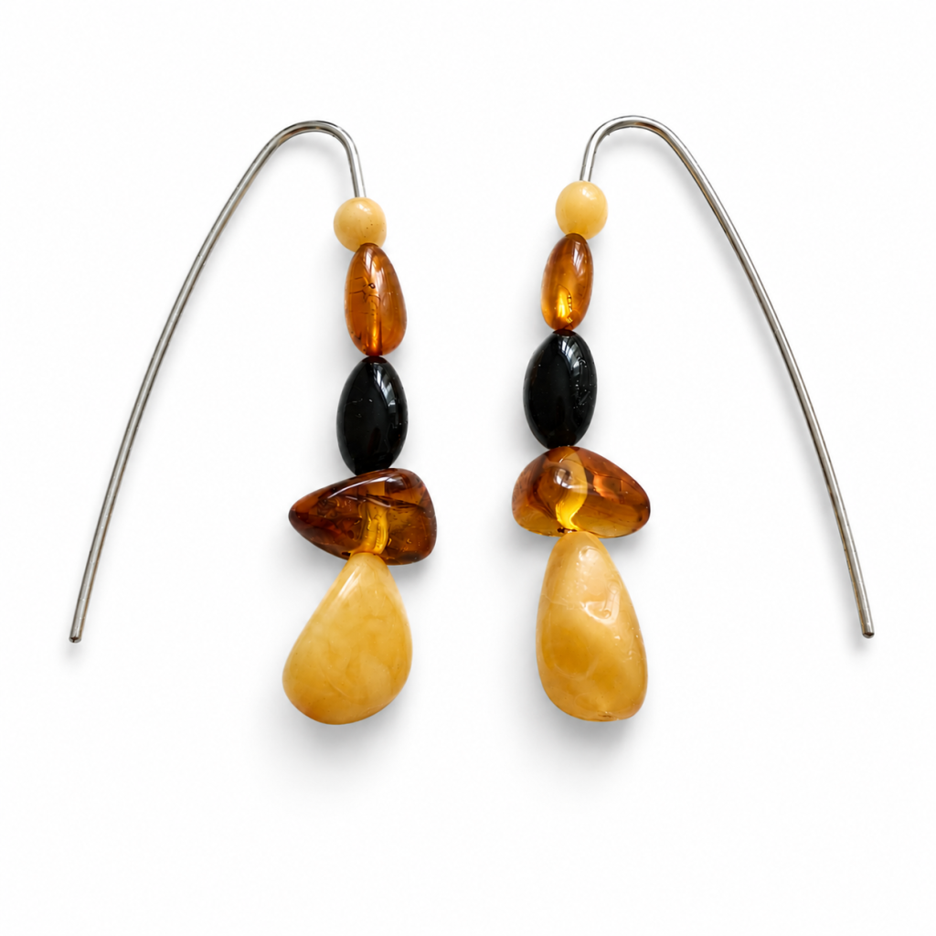 Elegant sterling silver earrings with natural Amber beads in various colors