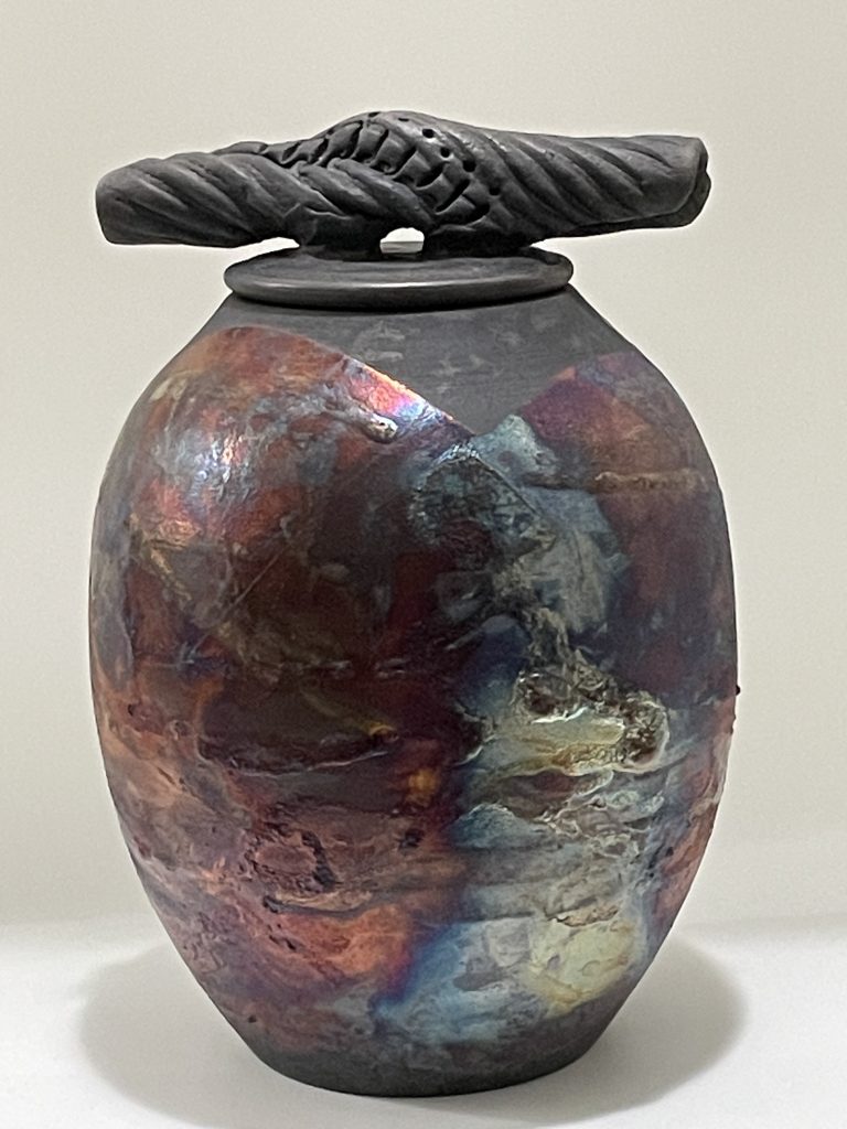 Raku luster cover jar tall