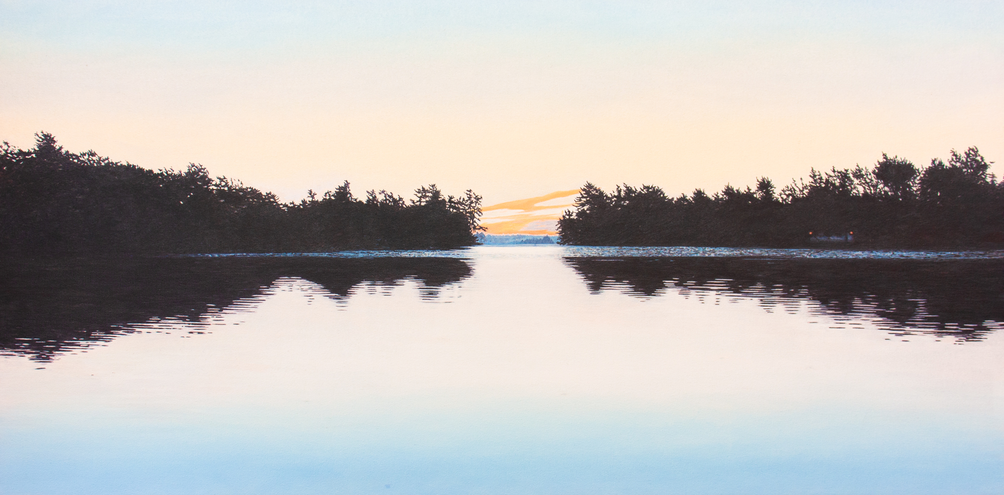 Medium-scale horizontal painting of tranquil dusk waters reflecting forested shores beneath a pastel sky, capturing the quiet beauty of the wilderness.