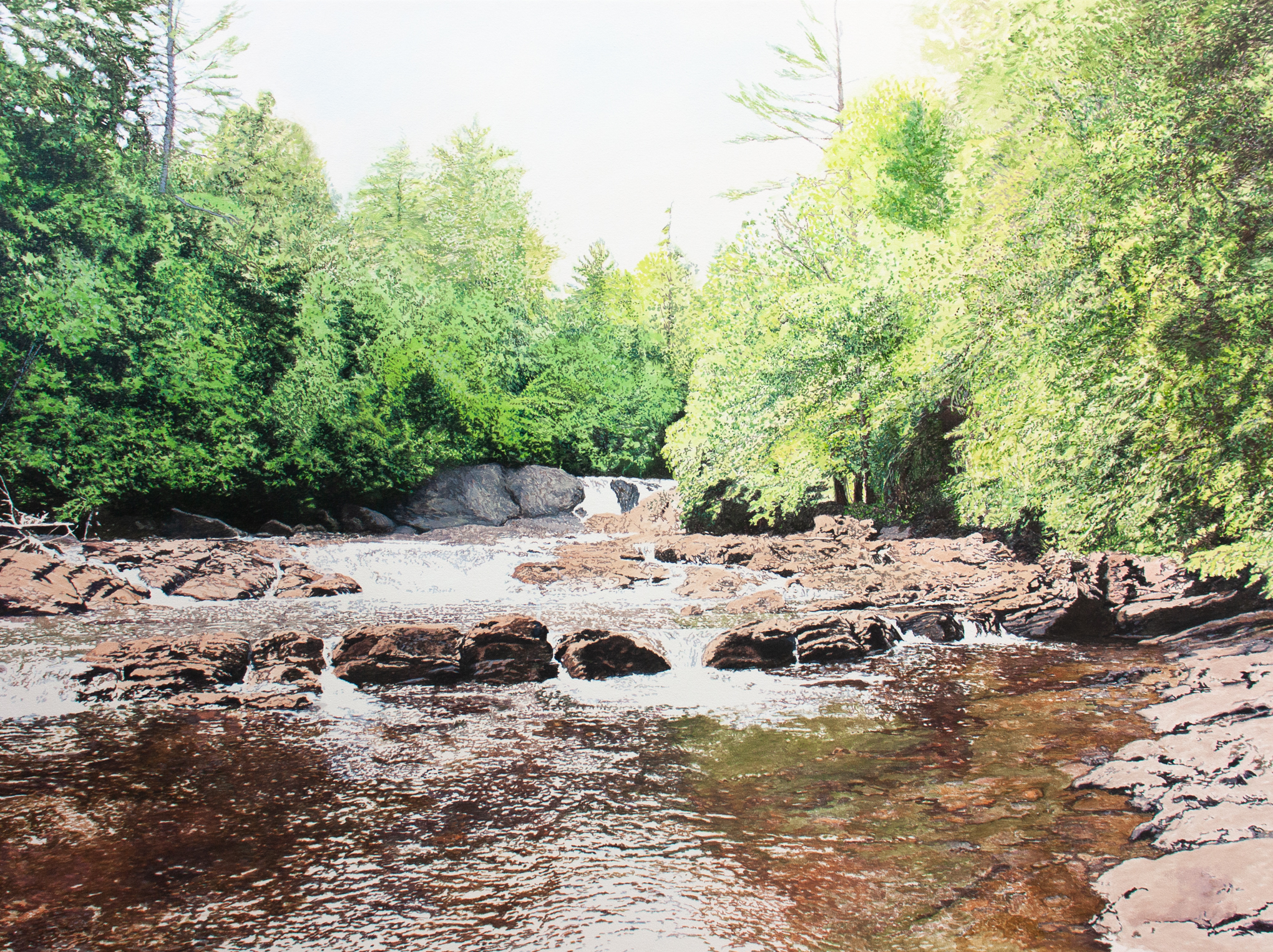 Painting of a  sunlit forest stream flowing over rocky ledges, surrounded by lush greenery and reflecting the calm of nature.