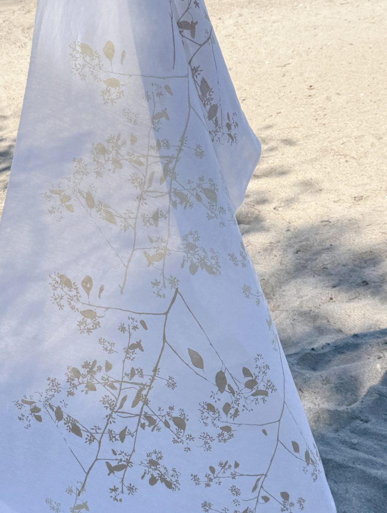 silk and cotton scarf, hand screen printed with botanical inks